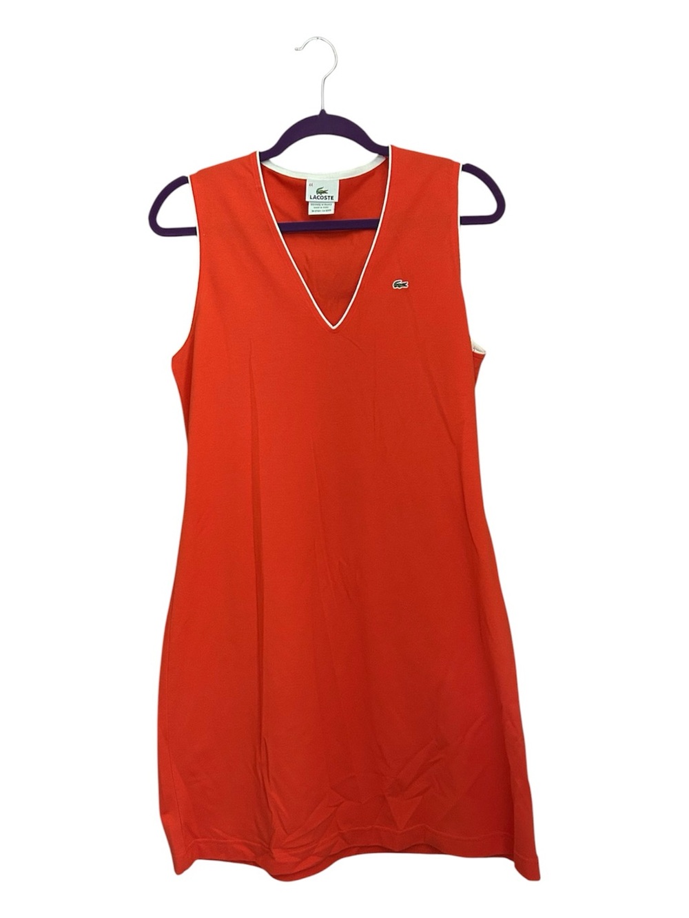 Lacoste Vintage Sleeveless V-Neck Shift Tennis Dress Orange Piping Size 44 US L